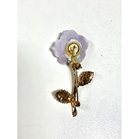 Gold Tone Lilac Rose Brooch Pin Enameled Floral 2 1/4" - Picture 4 of 4